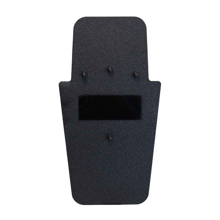 Front of a black 16" x 30" Caliber Armor Rifle rated Level III+ RF2 Ballistic Shield with pivoting handle on a white background 10