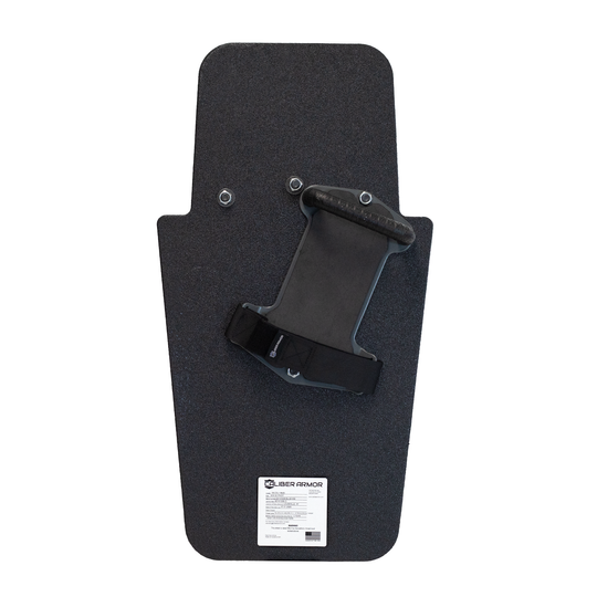Backside of black 16" x 30" Caliber Armor Rifle rated Level III+ RF2 Ballistic Shield with three position handle setup for left handed use, for a right handed shooter on a white background 11