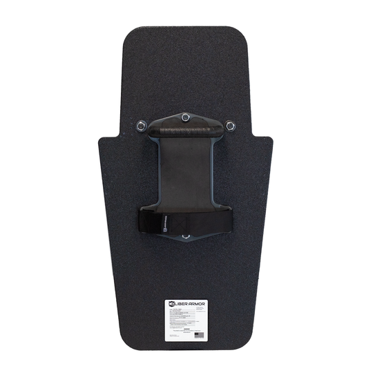 Backside of black 16" x 30" Caliber Armor Rifle rated Level III+ RF2 Ballistic Shield with three position handle in the center position on a white background 12