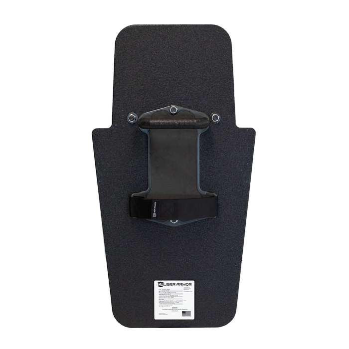 Backside of black 16" x 30" Caliber Armor Rifle rated Level III+ RF2 Ballistic Shield with three position handle in the center position on a white background 12