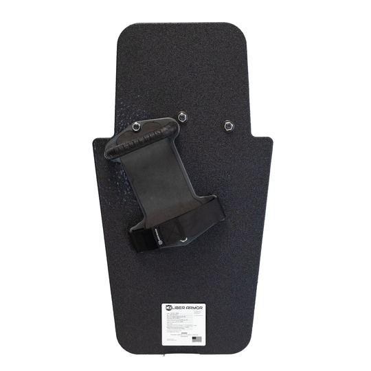 Backside of black 16" x 30" Caliber Armor Rifle rated Level III+ RF2 Ballistic Shield with three position handle setup for right handed use, for a left handed shooter on a white background 7
