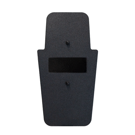 Front of a black 16" x 30" Caliber Armor Rifle rated Level III+ RF2 Ballistic Shield with fixed center handle on a white background 6