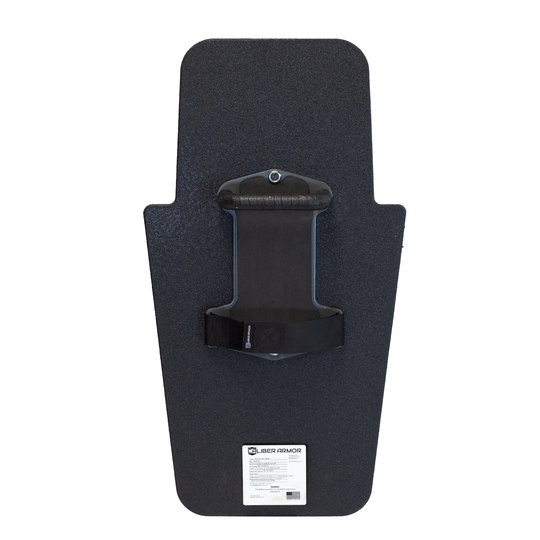 Backside of black 16" x 30" Caliber Armor Rifle rated Level III+ RF2 Ballistic Shield with center mounted fixed SL handle on a white background 7