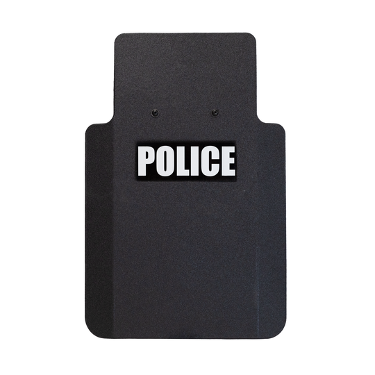 Front of black 20" x 30" Caliber Armor Pistol rated Level IIIA HG2 Ballistic Shield with "Police" in white text, on a white background 4