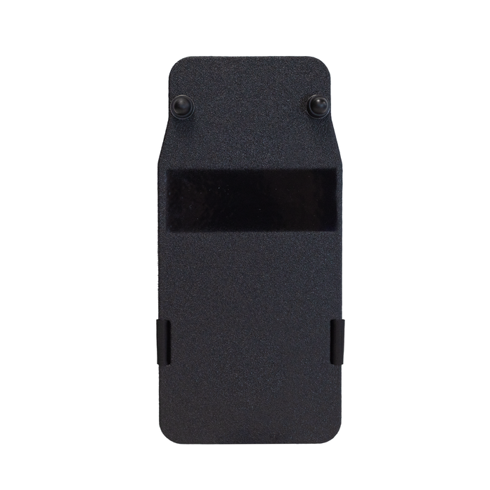 Front view of black 8" x 17" Caliber Armor Rifle rated Level III+ RF2 Ballistic Shield on a white background 0