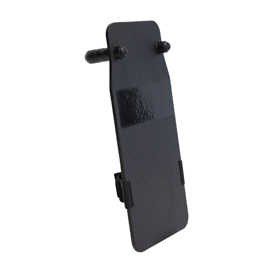 Angled front view of black 8" x 17" Caliber Armor Rifle rated Level III+ RF2 Ballistic Shield on a white background showing the hardware caps & a slight view of the back handle components 3