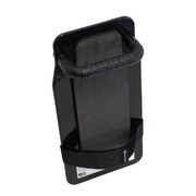 Angled Back view of black 8" x 17" Caliber Armor Rifle rated Level III+ RF2 Ballistic Shield with handle padded armrest & forearm strap on a white background 4