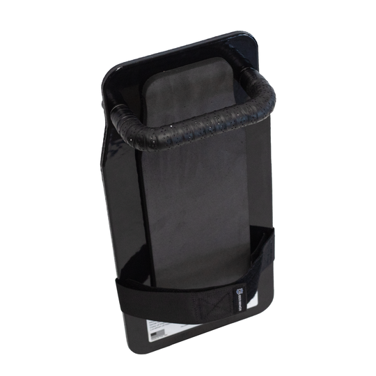 Angled Back view of black 8" x 17" Caliber Armor Rifle rated Level III+ RF2 Ballistic Shield with handle padded armrest & forearm strap on a white background 4
