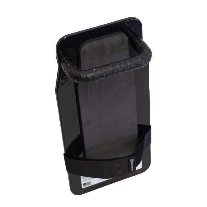 Angled Back view of black 8" x 17" Caliber Armor Rifle rated Level III+ RF2 Ballistic Shield with handle padded armrest & forearm strap on a white background 4