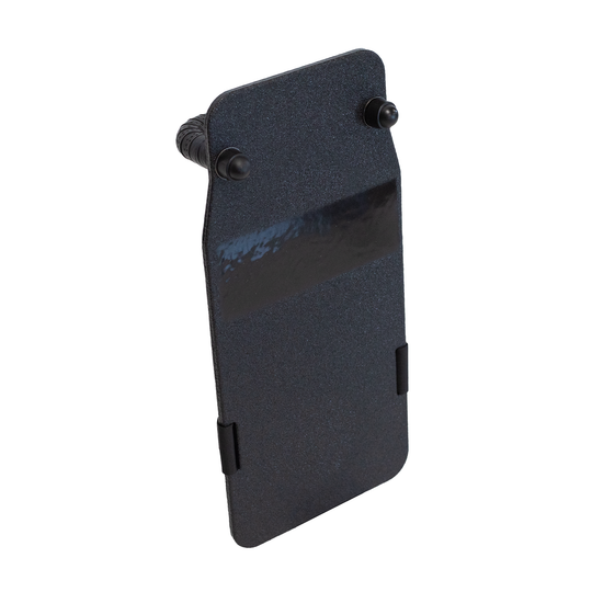Angled front view of black 8" x 17" Caliber Armor Rifle rated Level III+ RF2 Ballistic Shield with ballistic hardware caps on a white background 2