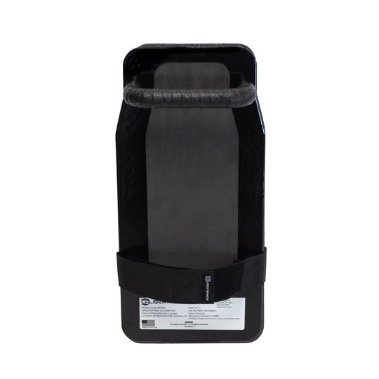 Back view of black 8" x 17" Caliber Armor Rifle rated Level III+ RF2 Ballistic Shield with handle padded armrest & forearm strap on a white background 5