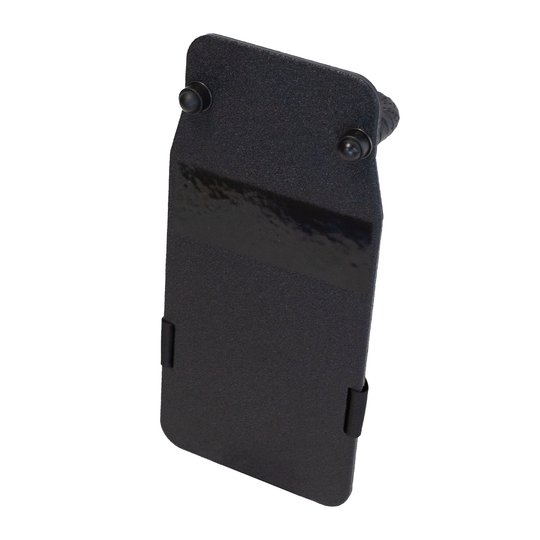 Angled front view of black 8" x 17" Caliber Armor Rifle rated Level III+ RF2 Ballistic Shield on a white background 1