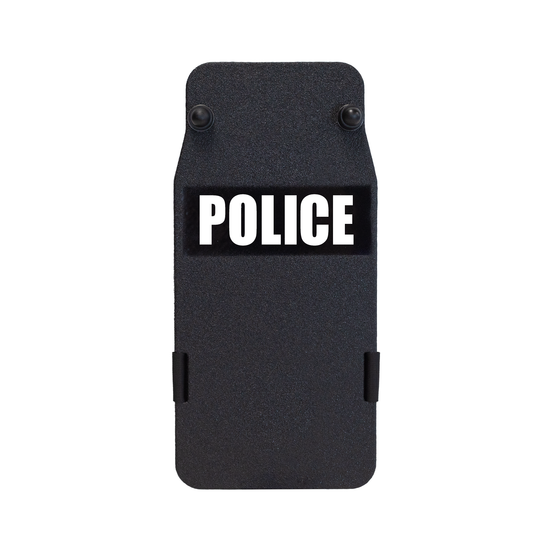 Black 8" x 17" Caliber Armor Rifle rated Level III+ RF2 Ballistic Shield with the text "POLICE" written in white words 6