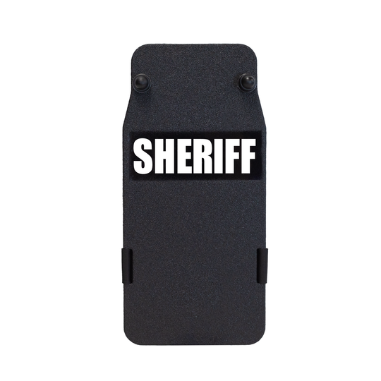 Black 8" x 17" Caliber Armor Rifle rated Level III+ RF2 Ballistic Shield with the text "Sheriff" written in white words 7