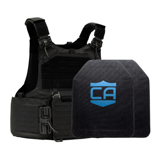 Black M.O.D. carrier with two LevelIV SAPI cut ceramic plates 10