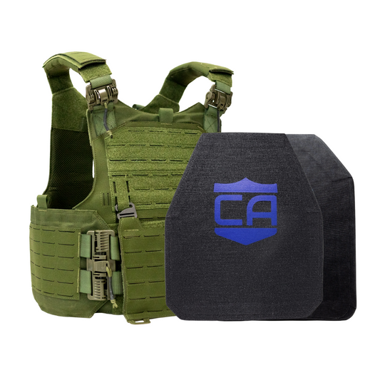Green M.O.D. carrier with LevelIV shooters & SAPI cut ceramic plates 14