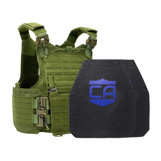 Green M.O.D. carrier with two LevelIV shooters cut ceramic plates 15