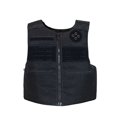 front view of black law enforcement body armor vest that zips up with molle