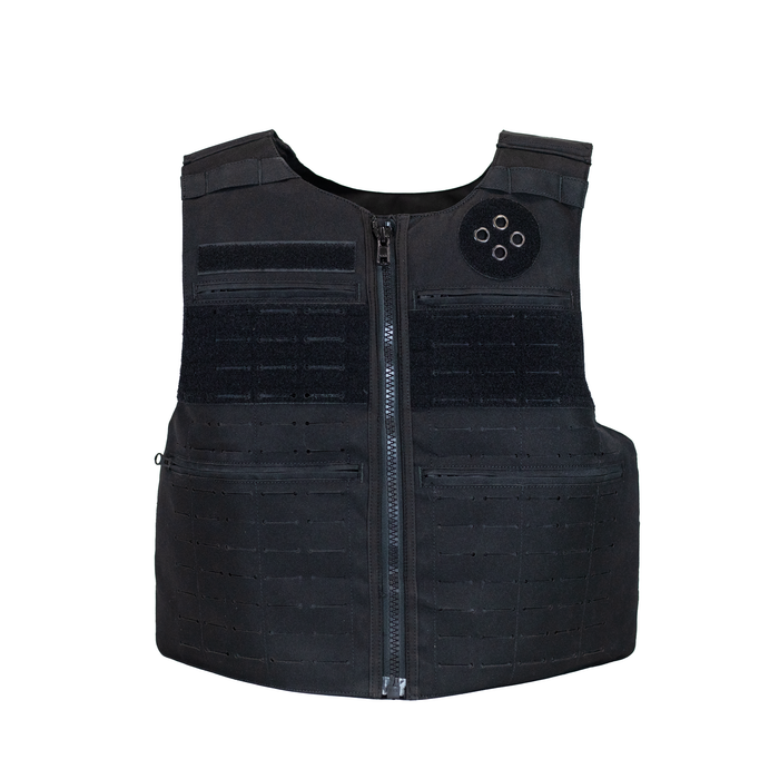 front view of black law enforcement body armor vest that zips up with molle 0