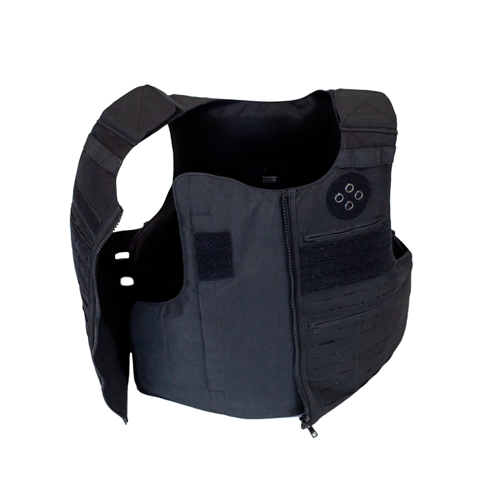 Black patrol body armor vest unzipped showing the full coverage soft armor panel shape 6
