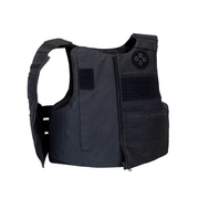 Front view of black patrol body armor vest with velcro zipper closure 1