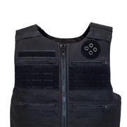 Black tactical vest with multiple pockets and a zipper on a white background 3