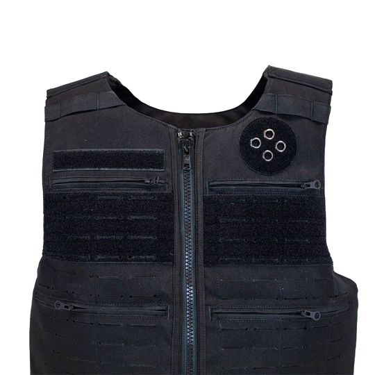 Black tactical vest with multiple pockets and a zipper on a white background 3