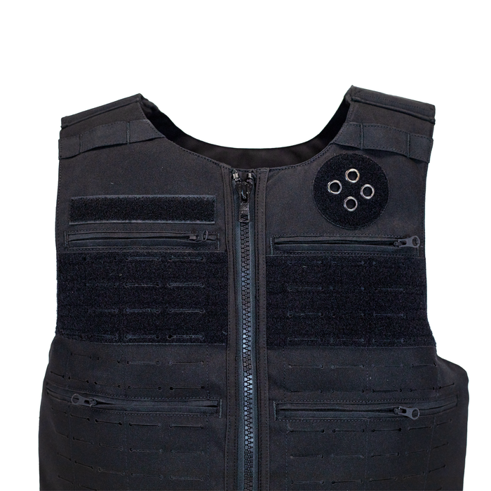 Black tactical vest with multiple pockets and a zipper on a white background 3