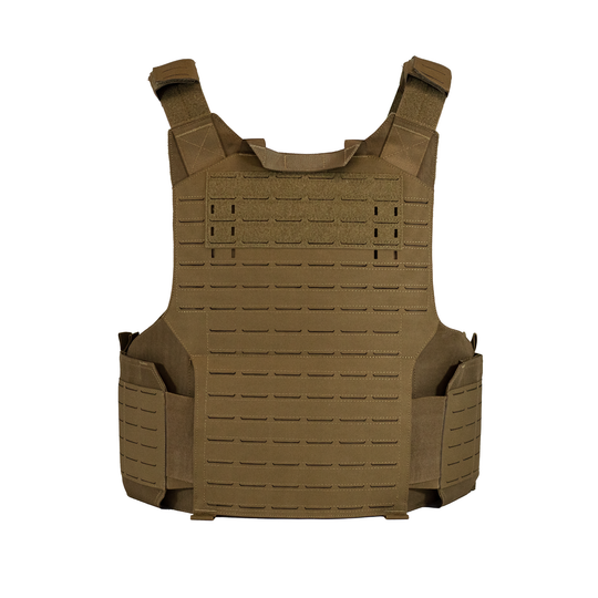 backside of a brown body armor plate carrier with elastic waistband on a white background 9