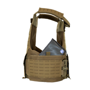 Side profile of Tan body armor plate carrier showing that it is compatible with soft body armor side panels on a white background 3