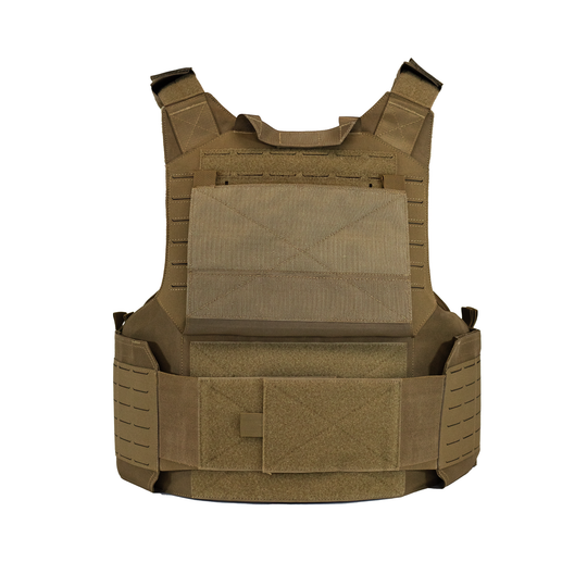 Tan body armor plate carrier with placard lifted showing velcro size adjustment on a white background 8