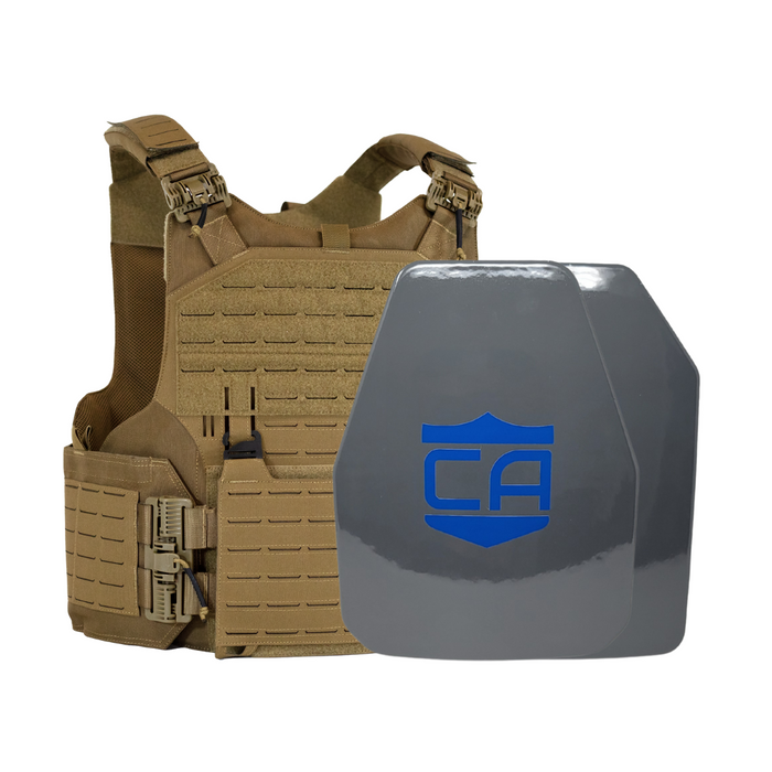Tan M.O.D. carrier with shooters &  SAPI cut UHMWPE Maritime plates with waterproof coating 0