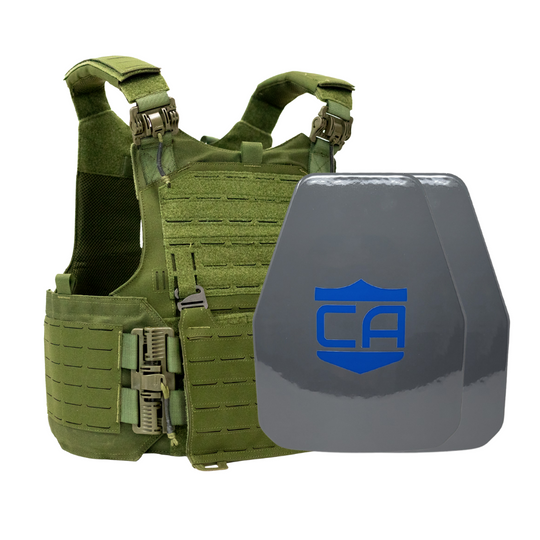 Green M.O.D. carrier with two shooters cut UHMWPE Maritime plates with waterproof coating 10