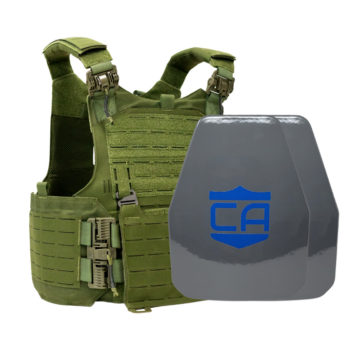 Green M.O.D. carrier with two shooters cut UHMWPE Maritime plates with waterproof coating 10