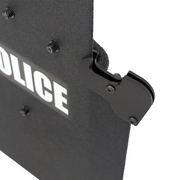 Black police shield with firearm support mounted on a white background 0