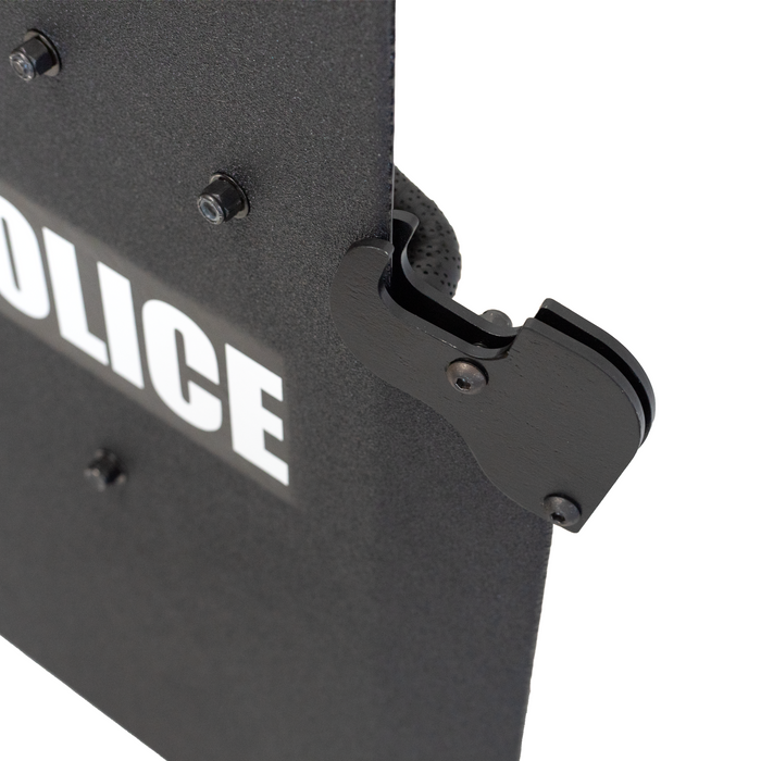Black police shield with firearm support mounted on a white background 0