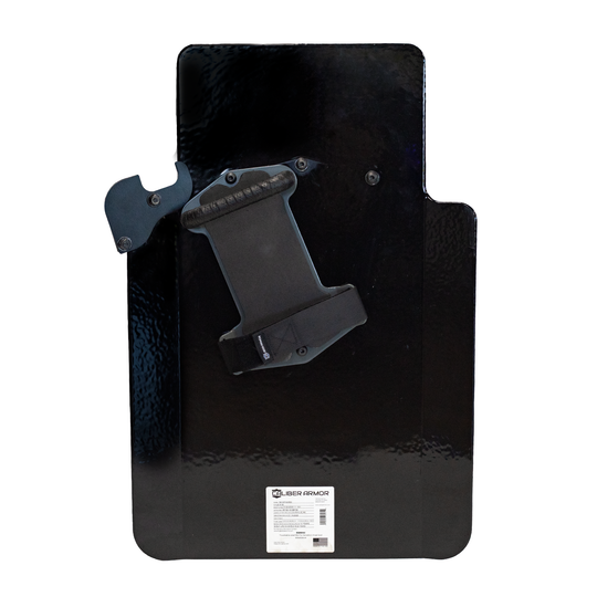 Backside of black protective shield with weapon support bracket mounted and pivoting handle 3