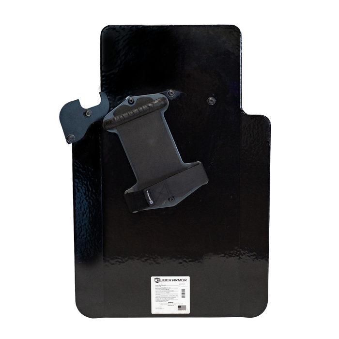Backside of black protective shield with weapon support bracket mounted and pivoting handle 3