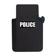 Black police ballistic shield that has a bolt on bracket attached for resting your weapon 7