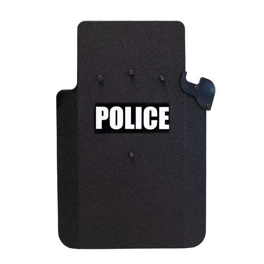 Black police ballistic shield that has a bolt on bracket attached for resting your weapon 7