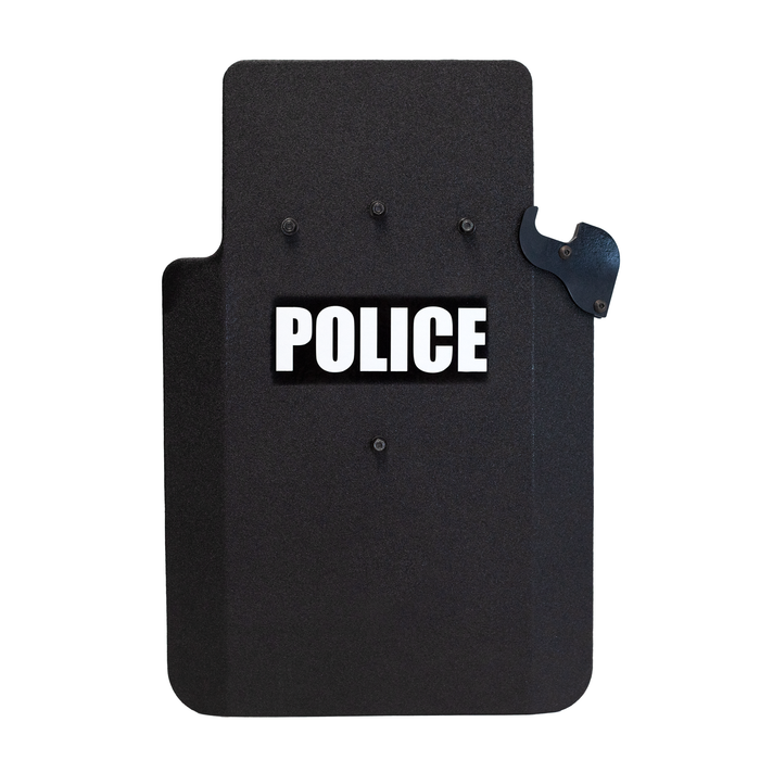 Black police ballistic shield that has a bolt on bracket attached for resting your weapon 7