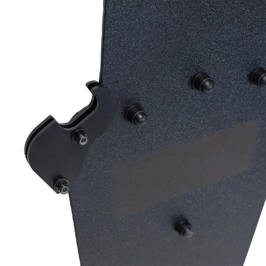 Black metal weapons support bracket attached to a bulletproof metal shield, bracket can be mounted on both istol & rifle rated shields 9
