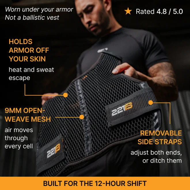 Maxx-Dri Vest Elite held open. Labelled callouts: holds armor off your skin so heat and sweat escape; 9mm open-weave mesh, air moves through every cell; removable side straps, adjust both ends or ditch them. Worn under your armor, not a ballistic vest. Rated 4.8 out of 5. Built for the 12-hour shift.