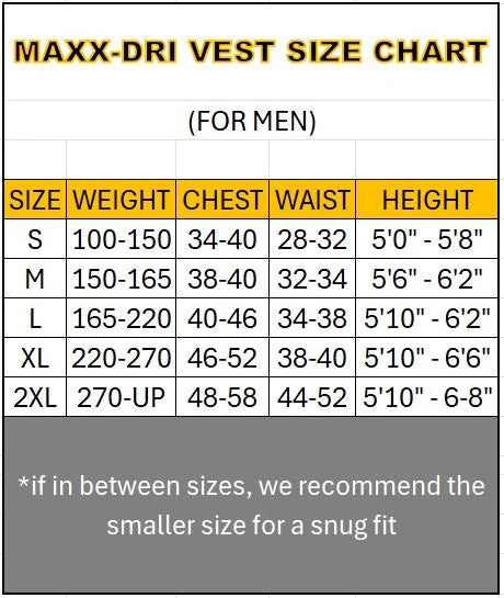 Maxx-Dri Vest size chart for men: size, weight, chest, waist and height ranges